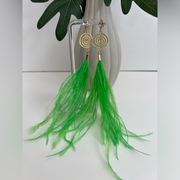 Long Dangle Green Feather Hippie Chic Earrings - Vibrant Whimsical Earrings - Picture 13 of 17